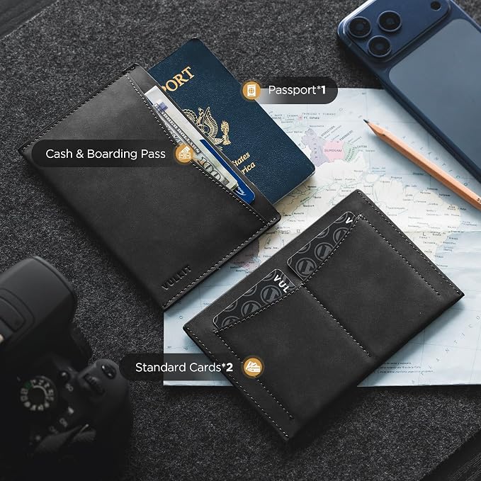 VULKIT Passport Cover Ultra Slim Design Leather Passport Sleeve RFID Blocking with 2 Card Slots, Anti-Theft Travel Essentials