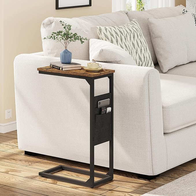 TUTOTAK C Shaped End Table, Side Table for Couch, Sofa Table | with Storage Bag, TV Tray for Living Room, Bedroom, Brown TB01BB082