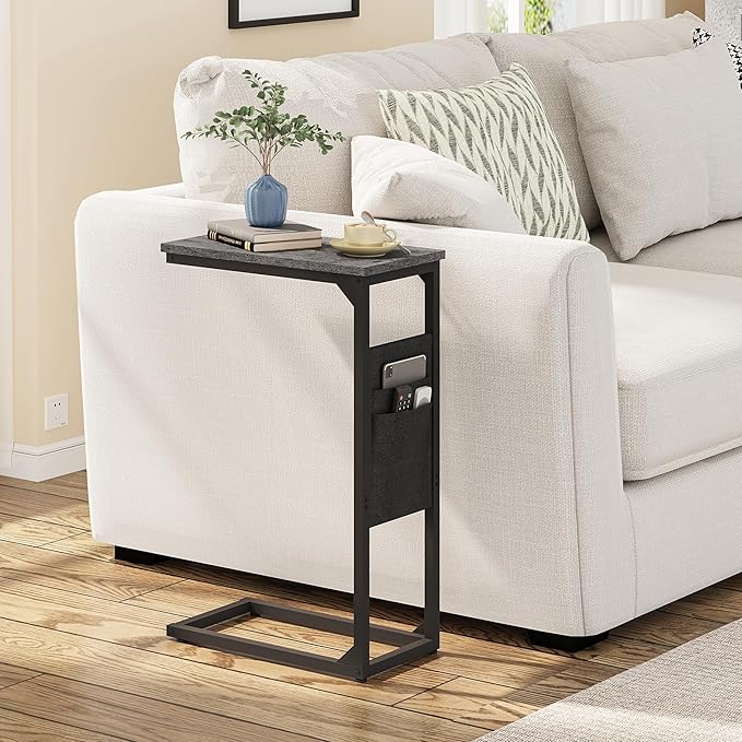 TUTOTAK C Shaped End Table, Side Table for Couch, Sofa Table | with Storage Bag, Set of 2, TV Tray for Living Room, Bedroom, Grey TB01BY0822