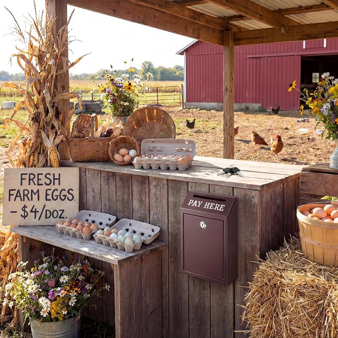 Yaocom Safe Metal Cash Box for Farm Stand – Money Drop and Secure Donation Collection, Wall Mount Lockable Unit with Pre Drilled Holes for Outdoor Self Serve(Brown,10.2 x 5.7 x 2.8 Inch)