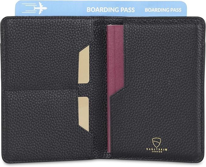 Vaultskin KENSINGTON Passport Holder for Travel, RFID Wallet (Matt Black) | Slim genuine leather book cover, small case for men and women, inner sleeve, cards, cash, scan blocking protection, gift box