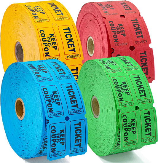 4800 Double Raffle Tickets, 1200 Tickets Per Roll, Assorted 50/50 Raffle Tickets Roll for Events, Entry, Carnivals, and Door Prizes (Blue/Red/Green/Yellow)