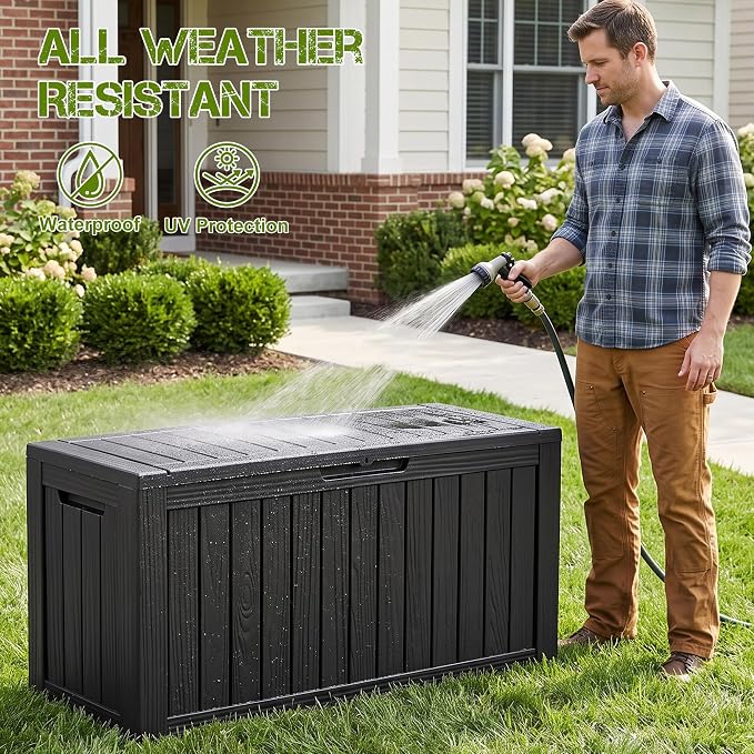 ROJIK 95 Gallon Outdoor Storage Box Waterproof,Weatherproof Deck Boxes Outdoor Lockable,Resin Outside Storage Box for Garden Tools,Cushions,Pool Accessories(Black)