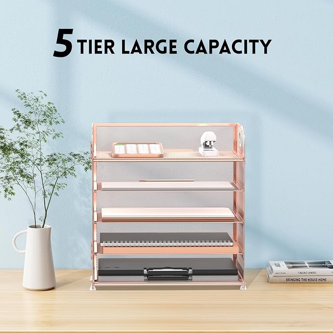 5 Trays Paper Organizer Letter Tray with Handle-Mesh Desk File Organizer, Paper Sorter Desk Organizer for Office, Home or School (Rose Gold)