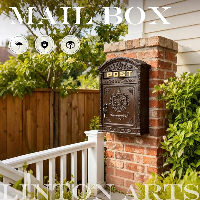 Vintage Lockable Mailbox, Heavy Duty Cast Aluminum Wall Mount Mailbox, Weatherproof Decorative Mail Box for Outside, Bronze Finish, Large Capacity