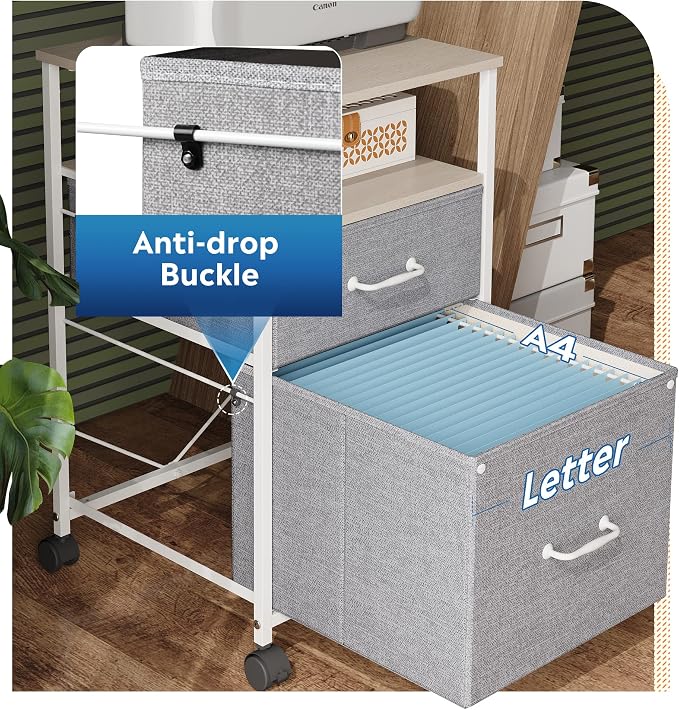 DEVAISE 2 Drawer Mobile File Cabinet with Open Storage Shelf | Rolling Printer Stand, Fabric Vertical Filing Cabinet fits A4 or Letter Size for Home Office, Light Grey
