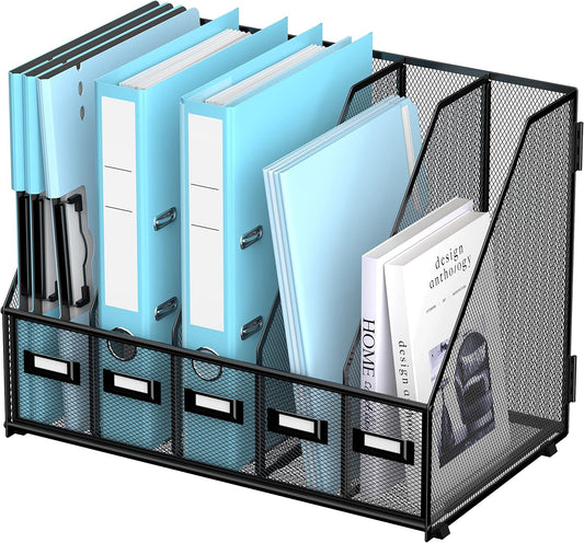 SUPEASY Desk Organizers Metal Desk Magazine File Holder with 16''x12''x12'' 5 Vertical Compartments Rack File Organizer for Office Desktop, Home Workspace, Black Plus