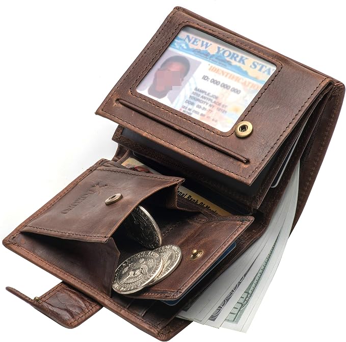 POKOFO Large RFID Genuine Leather Card Holder Trifold Wallet Snap Closure 3 ID Windows for men