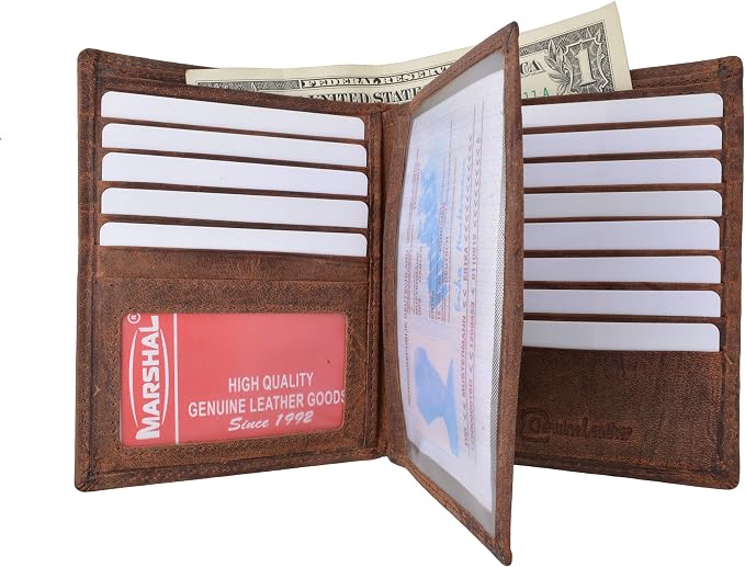 MARSHAL Bifold Leather RFID Blocking Wallet For Men & Women | Genuine Leather Holder With 20 Slots, 2 Bill Compartments & ID Window | Hipster wallet Money, Driver’s License, Travel & More (Vintage)