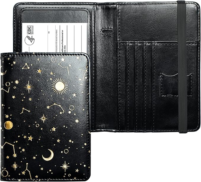 Mymazn Passport Holder with Clear Pocket Passport Case Passport Cover Women Passport Case with RFID Blocking and Vaccine Card Holder Travel Wallet (Black/Gold, Minimalist)