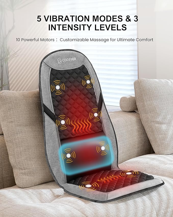 COMFIER Back Massager with Heat,Massage Chair Mat with Adjustable Lumbar Support,Seat Warmer Cushion with 8 Vibration Motors & 5 Modes & Bag,Office Chair Massage Pad for Recliner,Gifts for Mom Dad
