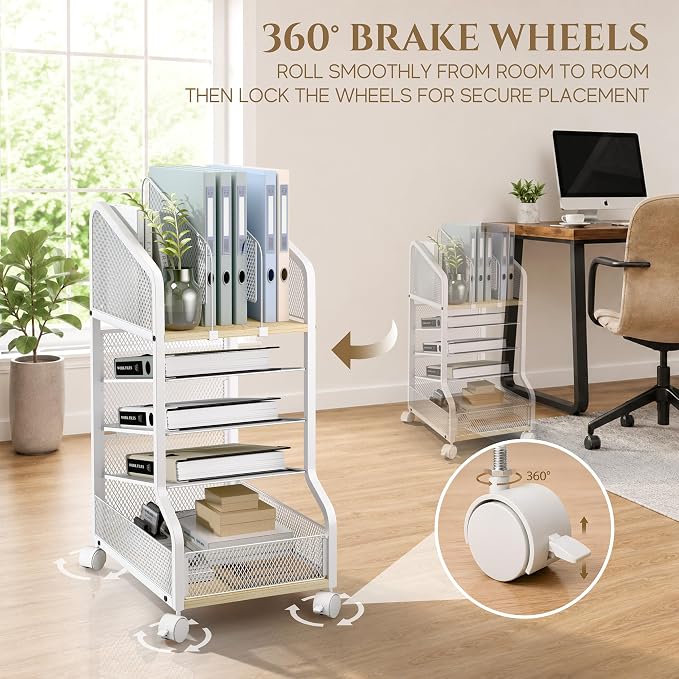 Rolling File Cart Under Desk Storage and Organizers 5-Tier White | Small Filing Cabinet with Adjustable Dividers and Lockable Wheels, Under Desk File Organizer for Home, Office