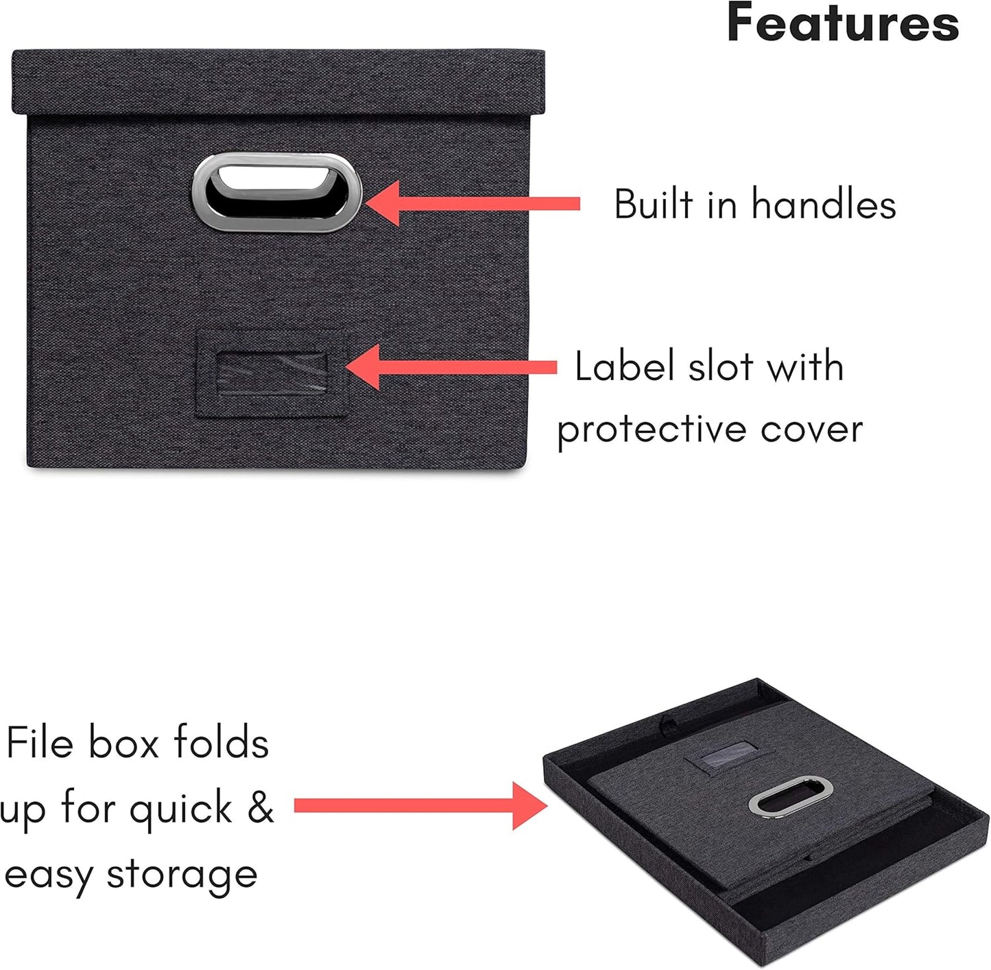 Internet's Best Collapsible File Storage Organizer with Lid - Decorative Linen Filing & Storage Office Box – Hanging Letter/Legal Folder – Home Office Bins Cabinet – Charcoal Container - 2 Pack