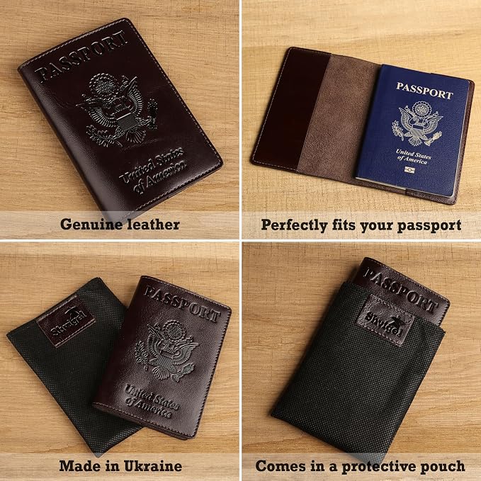 US Leather Passport Book Cover - Thin American Travel Passport Holder - Premium International USA Passport Protector Case for Women Men (Glossy Brown)