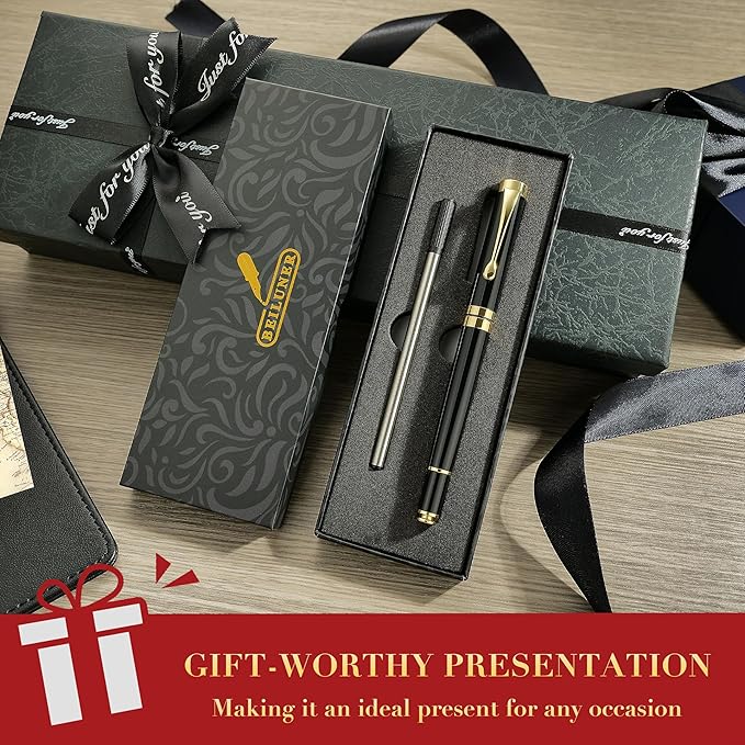 BEILUNER Personalized Ballpoint Pens, Stunning Black Chrome Metal Pen with Golden Trim, Best Ball Pen Gift Set for Men & Women, Executive, Office, Nice Pens-Gift Box with 0.5mm Black Extra Refill