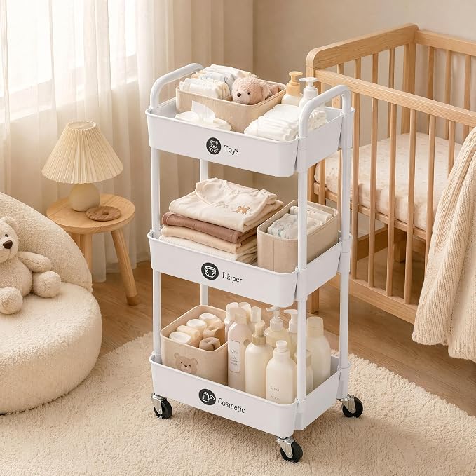 Laiensia 3-Tier Rolling Cart with Wheels,Multifunction Utility Storage Carts, Kitchen Storage Organizer,Mobile Shelving Unit for Bathroom,Laundry,with Classified Stickers,White