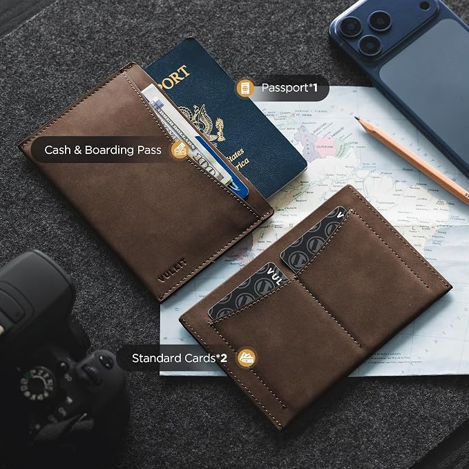VULKIT Passport Cover Ultra Slim Design Leather Passport Sleeve RFID Blocking with 2 Card Slots, Anti-Theft Travel Essentials
