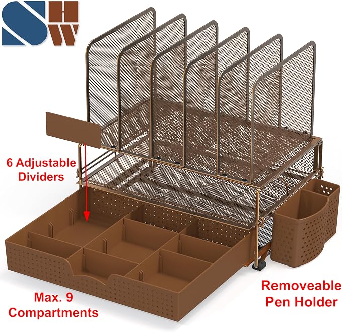 Simple Houseware Desk File Organizer for Office Supplies w/Drawer, Copper | Double Tray, Pencil Holder, and 5 Upright Sections with Sliding Drawer