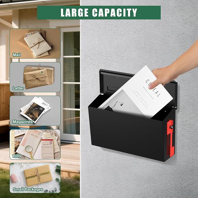 Wall Mount Mailbox for Outside with Flag, Large Capacity Mailbox Wall Mounted, Galvanized Steel Rustproof Metal Mailbox, Modern Mail Box for House Outside, Black, 15.9''x9.6''x5.2''