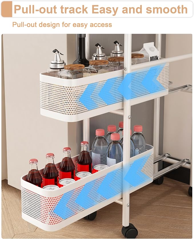 UMDONX 5-Tier Narrow Mobile Storage Cart with Pull-Out Baskets | The Multifunctional Pull-out Storage Rack Is Suitable for Bathrooms, Kitchens, and Laundry Rooms