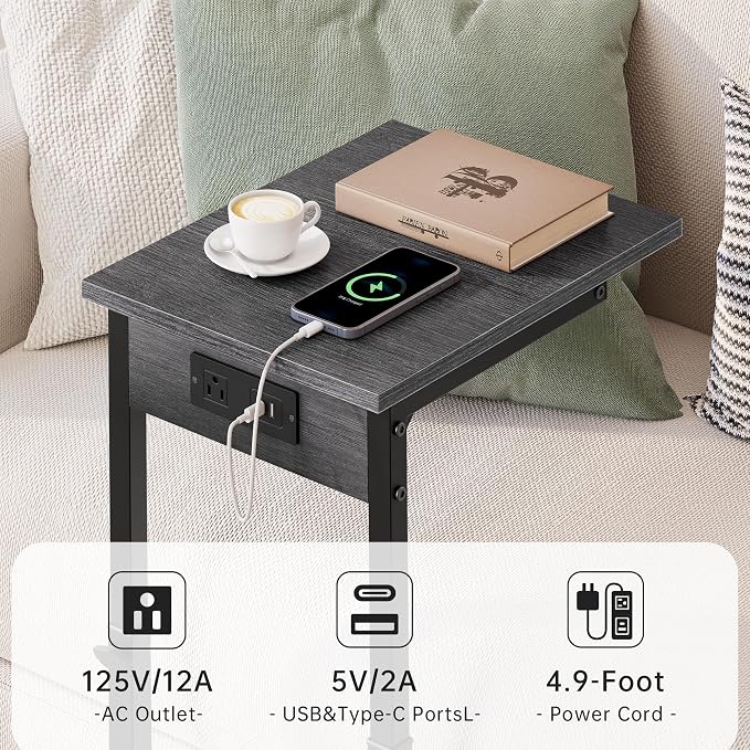 C Shaped End Table with Charging Station, 33" Tall Side Table for Couch, Adjustable Height C Table End Table, Couch Table Slide Under Sofa Table TV Tray Table for Living Room, Gray Walnut
