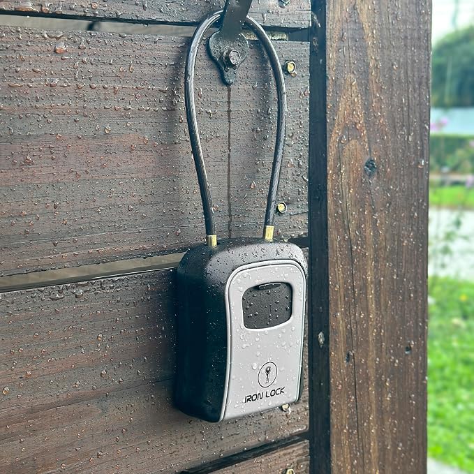 Iron Lock® Medium Key Lock Box with Code, 15-in Steel Cable Shackle (Grey) | Built-in key hooks + catch tray; hangs on handles, gates, fences or a hasp; wall-mountable; dial cover; no batteries