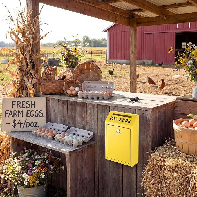 Yaocom Safe Metal Cash Box for Farm Stand – Money Drop and Secure Donation Collection, Wall Mount Lockable Unit with Pre Drilled Holes for Outdoor Self Serve(Yellow,10.2 x 5.7 x 2.8 Inch)
