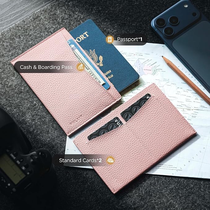 VULKIT Passport Cover Ultra Slim Design Leather Passport Sleeve RFID Blocking with 2 Card Slots, Anti-Theft Travel Essentials