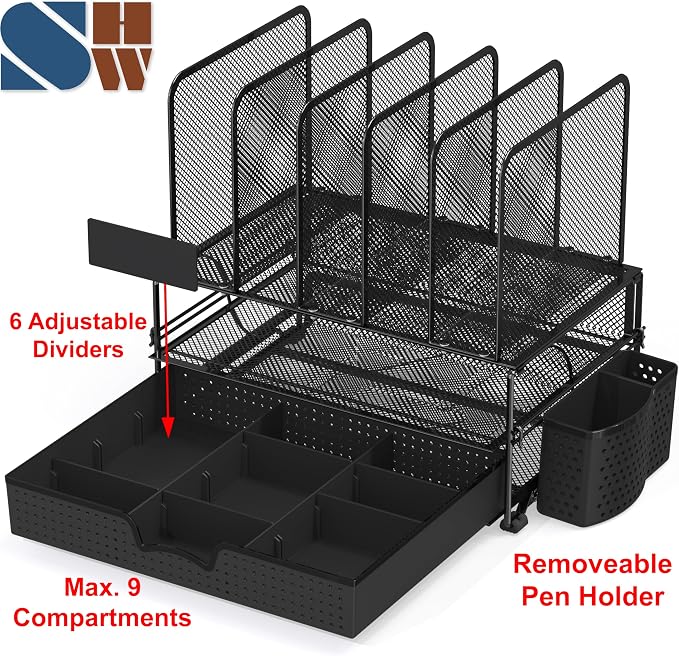 Simple Houseware Desk File Organizer for Office Supplies w/Drawer, Black | Double Tray, Pencil Holder, and 5 Upright Sections with Sliding Drawer