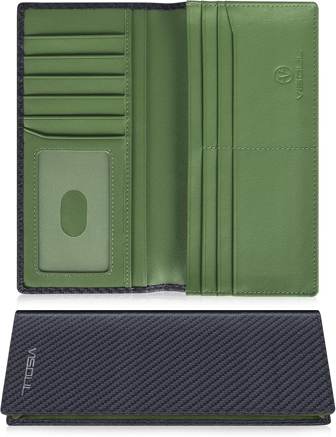VISOUL Mens Checkbook Leather Wallets Long Bifold Wallets for Men Suit Wallet with 3 Cash Compartments 12 Credit Card Slots (Black+Olive Green)