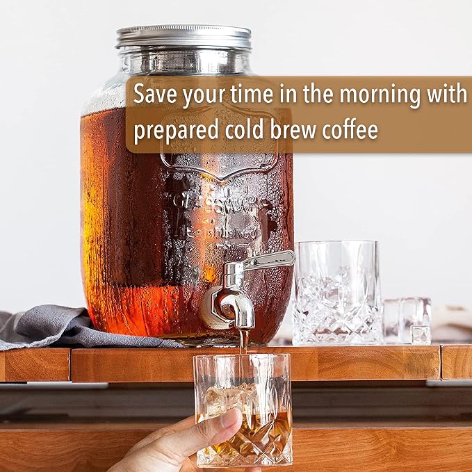 BTaT- 1 Gallon Cold Brew Coffee Maker, Thick Glass Pitcher with Stainless Steel Filter | Stainless Steel Filter, Lid & Spigot Iced Coffee Sun Tea Brewer Mason Jar Cold Brew Container Fast Iced Tea Maker for Fridge