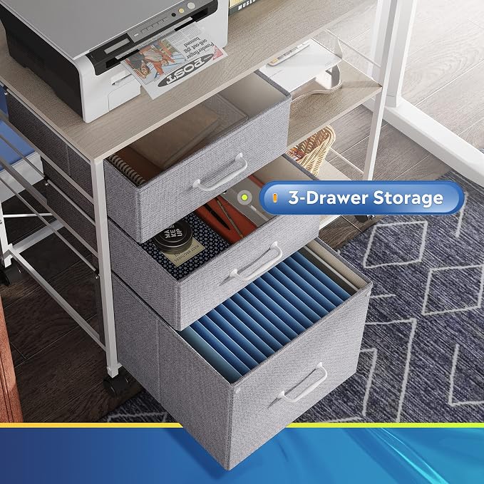 DEVAISE 3 Drawer Mobile File Cabinet with Open Storage Shelf | Rolling Printer Stand, Fabric Lateral Filing Cabinet fits A4 or Letter Size for Home Office, Light Grey