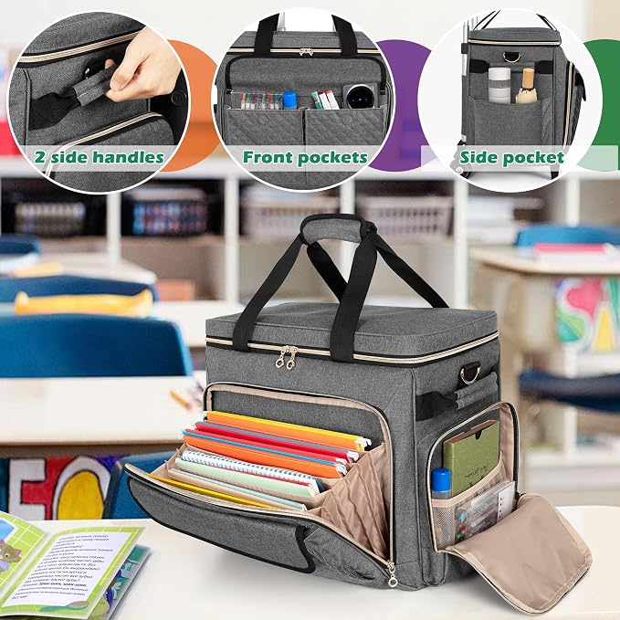 LUXJA Rolling Teacher Bag with Wheels and 15.6" Laptop Compartment, Gray | Rolling Briefcase for Women with Accordion File Area, Teacher Tote Bag for Work with Detachable Dolly and Shoulder Strap