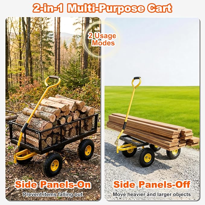 900lbs Heavy Duty Garden Cart, Steel Garden Wagon Cart with Fixedable Rotating Handle for Backyard, Utility Yard Wagon with 10" All Terrain Tires, Mesh Removable Sides