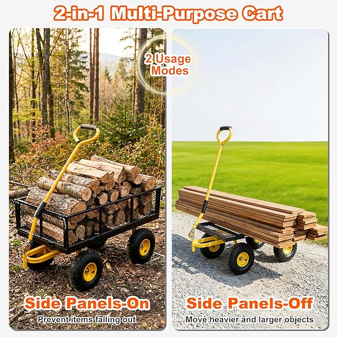 500lbs Heavy Duty Garden Cart, Steel Garden Wagon Cart with Fixedable Rotating Handle for Backyard, Utility Yard Wagon with 10" All Terrain Tires, Mesh Removable Sides