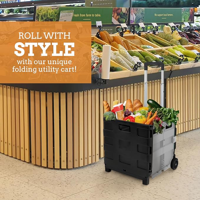 Ultra-Slim Rolling Collapsible Storage Pack-N-Roll Utility-carts, with Telescopic Handle, for Home, Garden, Shopping, Office, School use, Large, Grey & Black