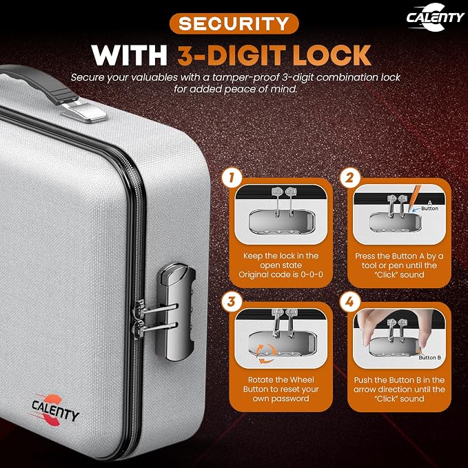 Fire Safe Document Box (Hard Shell) with Lock, 8GB USB & Waterproof Zipper, 12-Layer Fire proof Document Box for Important Documents, Certificates, Laptop & Passports (White)