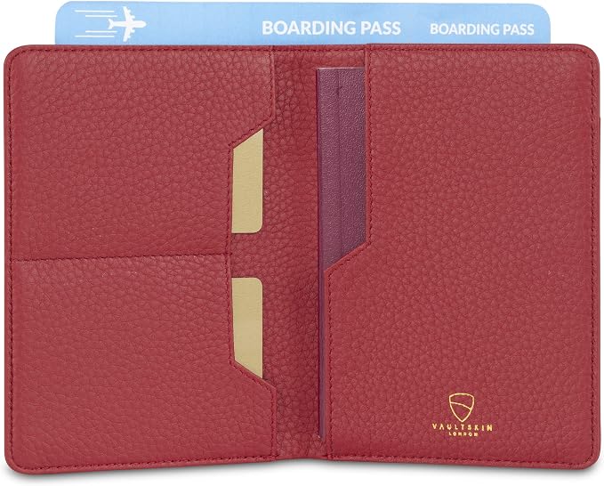 Vaultskin KENSINGTON Passport Holder for Travel, RFID Wallet (Red) | Slim genuine leather book cover, small case for men and women, inner sleeve, cards, cash, scan blocking protection, gift box