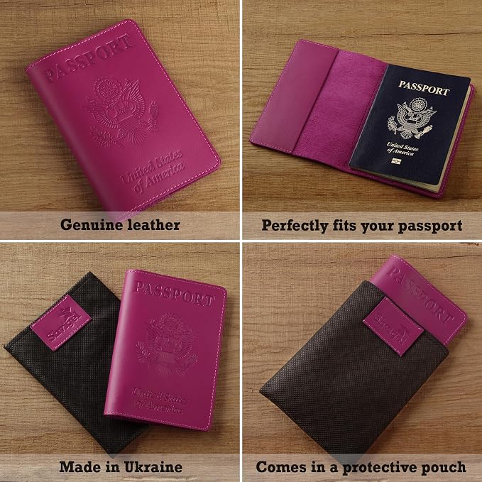 US Leather Passport Book Cover - Thin American Travel Passport Holder - Premium International USA Passport Protector Case for Women Men (Pink)
