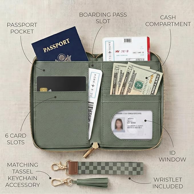 Beautiful Passport Holder And Travel Wallet with Wristlet Strap | All-in-One Organizer for Women Holds up to 4 Passports, w Card Slots and Keychain - RFID Blocking Keeps Documents Safe