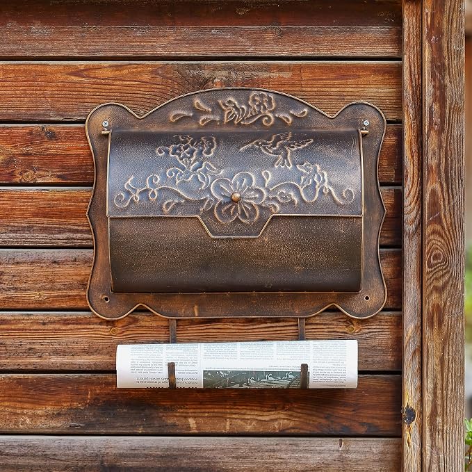 Wall Mount Mailbox with Newspaper Holder, Metal Wall Mailboxes for Outside, Vintage Decorative Front Porch Mail Box Wall Mounted, Horizontal Outdoor Mailbox with Hummingbird Accent, 17" x 5" x 17"