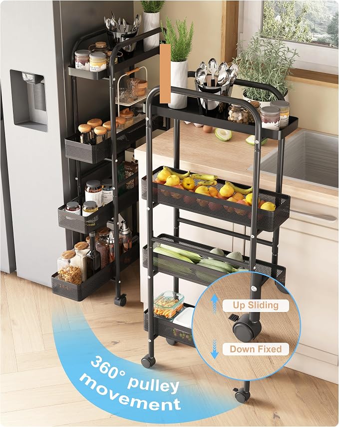 UMDONX 4-Tier Narrow Mobile Storage Cart with Pull-Out Baskets | The Multifunctional Pull-out Storage Rack Is Suitable for Bathrooms, Kitchens, and Laundry Rooms