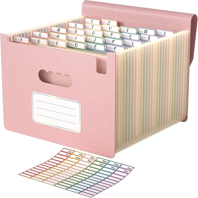 ABC life 26 Pockets Accordion File Organizer, Blush Pink | Expanding File Folder for Letter/A4 Size, Portable Document Holder with A-Z Tabs for Tax Receipt, School, Home, Office