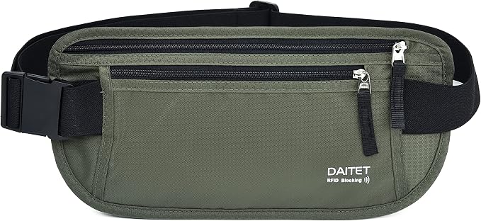 RFID Blocking Money Belt for Men Women, Slim Fanny Pack for Travel，Running,Conceal Waist Wallet for Passport Holder,Phone,Cash(Black Dark Olive Green)