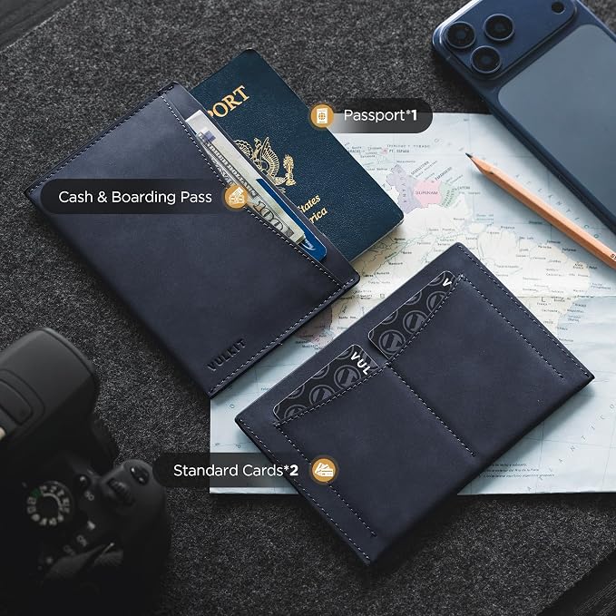 VULKIT Passport Cover Ultra Slim Design Leather Passport Sleeve RFID Blocking with 2 Card Slots, Anti-Theft Travel Essentials