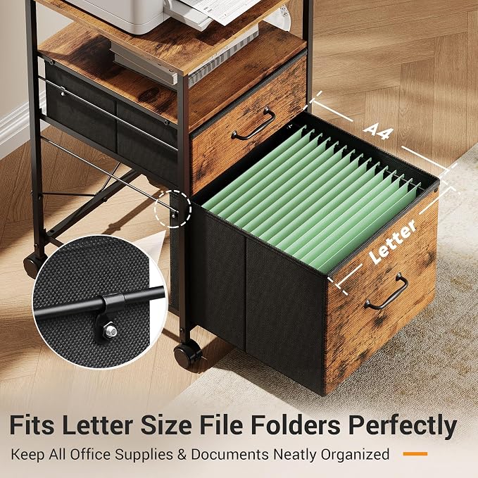 DEVAISE 2 Drawer Mobile File Cabinet with Open Storage Shelf | Rolling Printer Stand, Fabric Vertical Filing Cabinet fits A4 or Letter Size for Home Office, Rustic Brown Wood Grain Print
