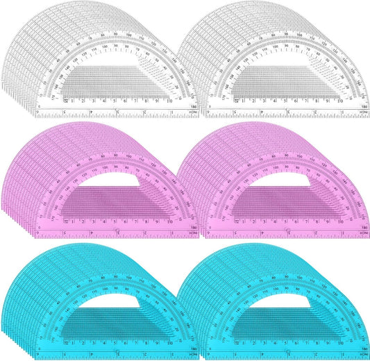 Zonon 100 Pack 6 Inch Plastic Protractor Back to School Protractors 180 Degrees Pink Blue Clear Protractors for Classroom Math Teacher Student Office Supplies, Clear, Pink, Blue