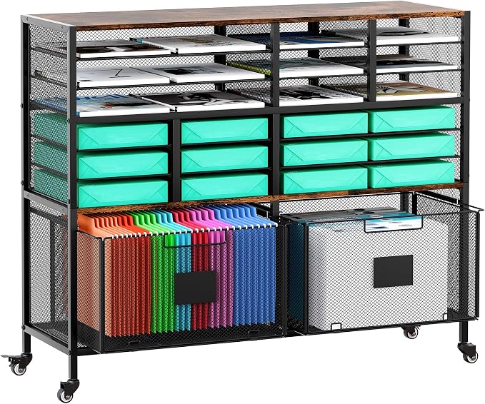 EasyPAG Rolling Cart with 2 Storage Drawer, Under Desk Filling Cabinet with Mail Sorter, Pull Out Hanging File Rack for Letter Size Folders, Mobile Utility Craft Cart for Home Office, Black