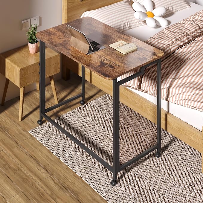 4NM 27.5" Mobile Small Rolling Computer Desk, Folding Laptop Cart Table with Wheels, Portable Office Desk for Small Space Couch Bed - Rustic Brown and Black