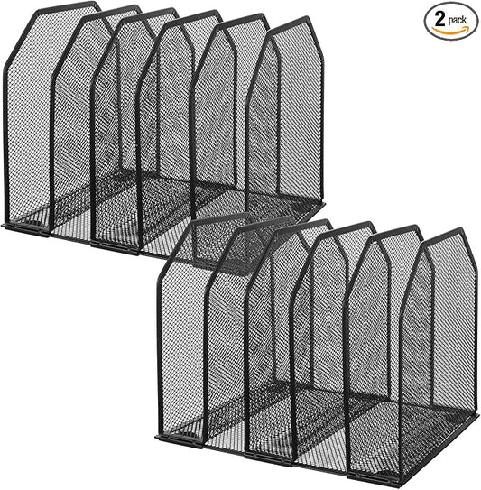 mekueeex 2 Pcs Vertical File Organizer for Desk - Metal Mesh Holder with 5 Compartments, File Folder Rack & Document Storage Stand - 9.3" x 8.5" x 7.9"